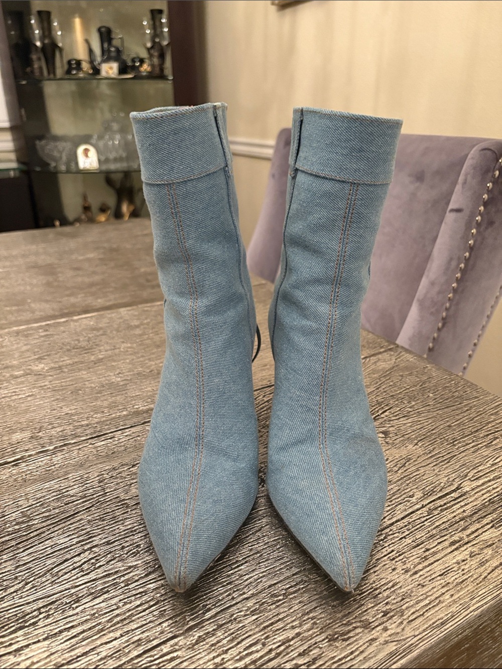 Maje Denim Blue Pointed-Toe Sock Booties